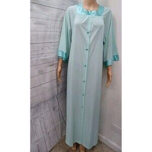 Vtg Gossard Artemis Long Nylon Gree Teal Door Nightgown Lingerie Button Front S